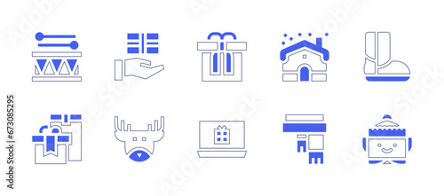 Christmas icon set. Duotone style line stroke and bold. Vector illustration. Containing drum, presents, boot, elf, hand gesture, present, deer, laptop, house, scarf.