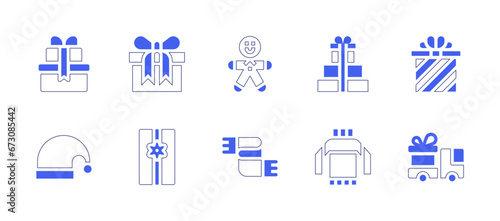 Christmas icon set. Duotone style line stroke and bold. Vector illustration. Containing gingerbread, gifts, scarf, sweater, gift box, santa hat, gift.