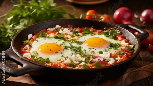 AI generated illustration of a skillet filled with vegetables and eggs cooked in a delicious sauce