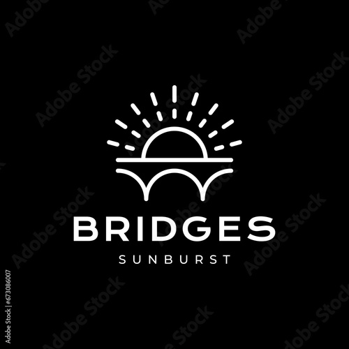 arch bridge with sunset sunburst line style simple modern clean flat logo design vector icon illustration