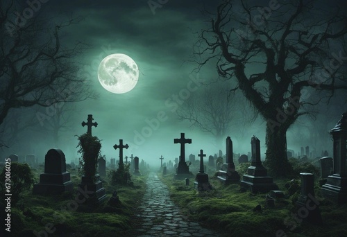 AI generated illustration of a cemetery illuminated by the light of a full moon