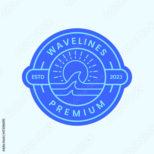 wave ocean sea with sunset sunburst line style insignia badge circle simple sticker logo design vector icon illustration