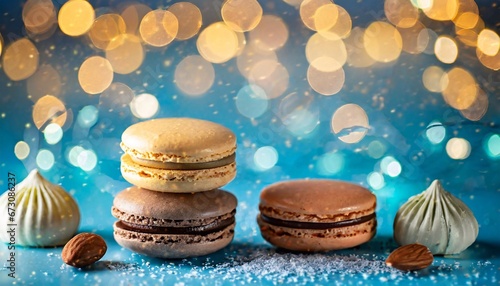 macarons on the table from behind bright bokeh background.