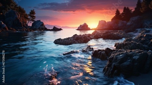 Photo A serene coastal sunset with waves crashing against rocky shore.
