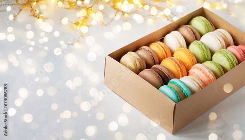  macarons in a box on the table  bokeh background behind. with place for text.