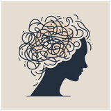 anxiety stressed confused and strain of head with round scribbles vector feeling and thoughts, unhappy human, headache, tension, anxiety, pain, feeling depressed anxious scared woman mental disorder