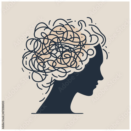 anxiety stressed confused and strain of head with round scribbles vector feeling and thoughts, unhappy human, headache, tension, anxiety, pain, feeling depressed anxious scared woman mental disorder