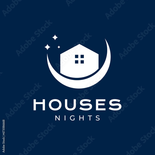 house night crescent modern shape clean flat simple logo design vector icon illustration