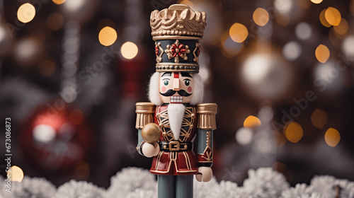 Traditional Wooden Nutcracker decoration on bokeh background.