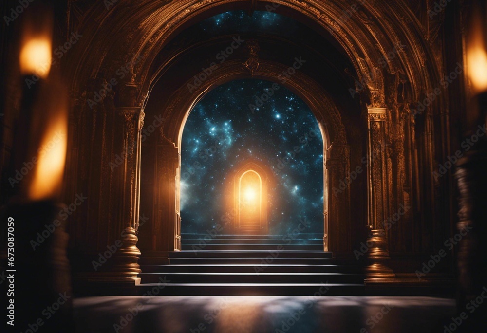 AI generated illustration of an archway illuminated from within, surrounded by majestic pillars