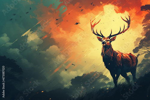 deer in the sunset illustration image generated by AI