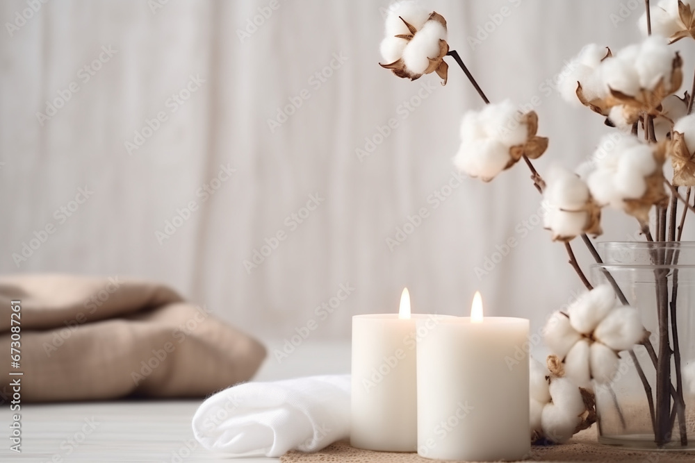 candles and cotton bouquet on a clean table, relaxation spa, wellness, beauty, massage therapy, luxury aesthetic