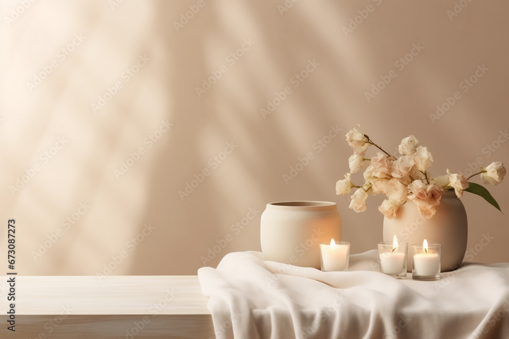 candles and cotton bouquet on a clean table, relaxation spa, wellness, beauty, massage therapy, luxury aesthetic candles and cotton bouquet on a clean table, relaxation spa, wellness, beauty, massage therapy, luxury aesthetic