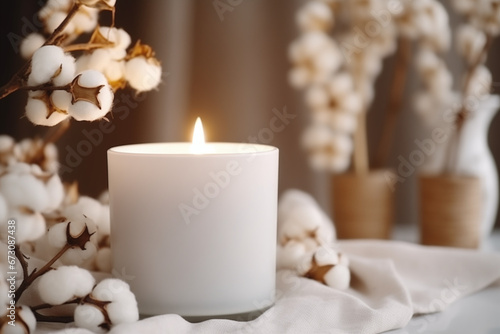 candles and cotton bouquet on a clean table  relaxation spa  wellness  beauty  massage therapy  luxury aesthetic