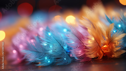 Multi-colored feathers decorate celebrations and holidays, light background