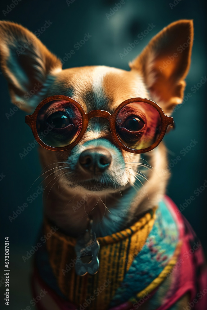 AI generated illustration of an adorable Chihuahua wearing fashionable eyewear