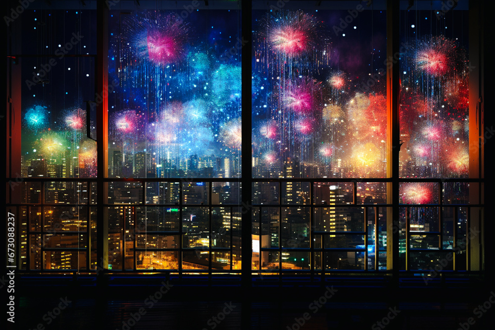 Abstract art of fireworks in festival night, view from balcony of high building.