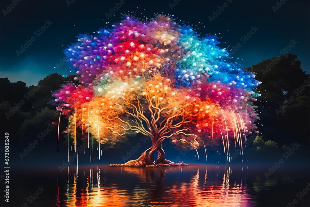 Art of willow tree multicolor, dreamy magical style. - obrazy, fototapety, plakaty 