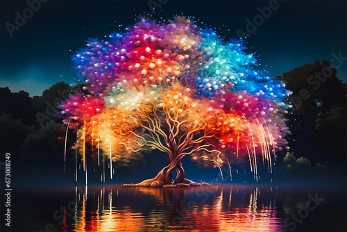 Art of willow tree multicolor, dreamy magical style.