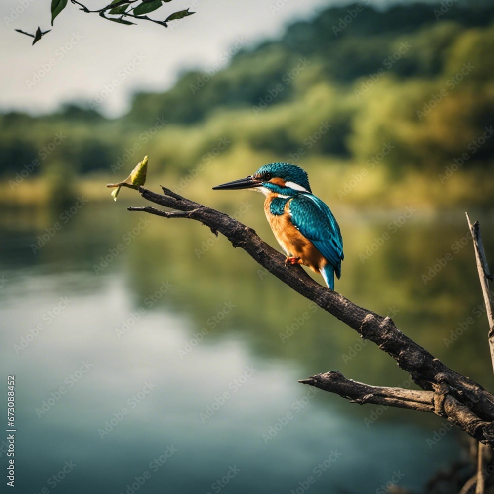 Fototapeta premium a bird with orange feathers perches on the branch by the water