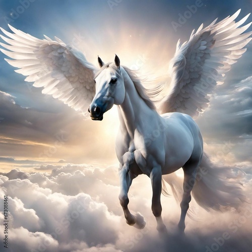 AI generated illustration of a majestic white horse soaring through the sky with wings outstretched