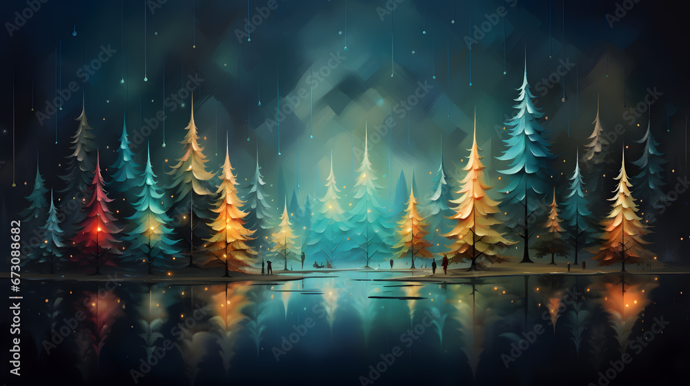 snow bokeh pine tree forest glitter shiny light christmas tree with a bright shining snow flake background