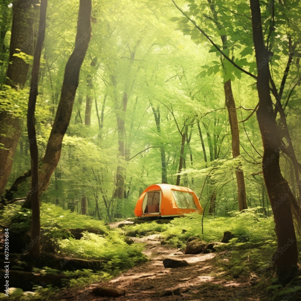 Orange tent nestled amongst a lush, green forest of trees, AI-generated.