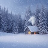 Small rustic cabin nestled in a snowy winter landscape surrounded by evergreen trees, AI-generated.