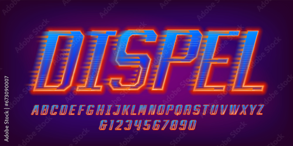 Dispel alphabet font. Shining neon letters and numbers with a wind effect. Abstract polygonal background. Stock vector typeface for your design.