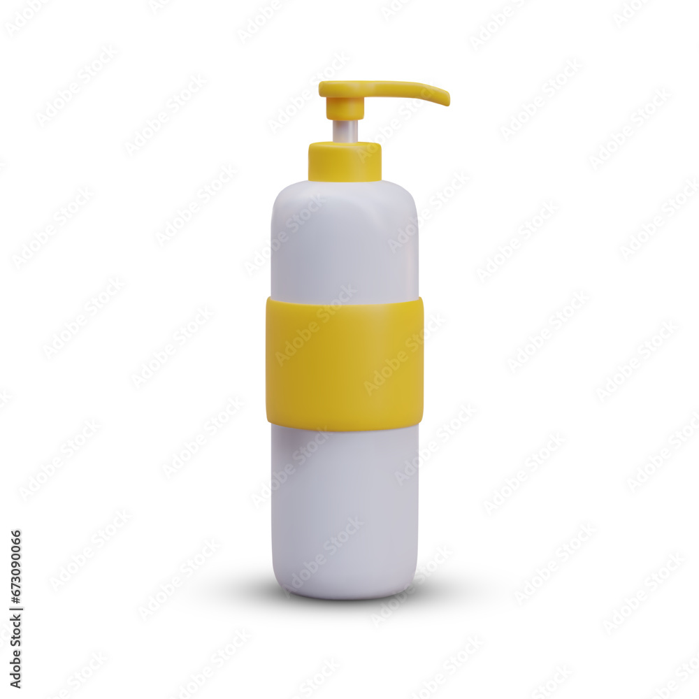 White plastic bottle with dispenser and yellow label. Container for liquid soap, cream, gel, disinfectant. 3D illustration, mockup. Place for inscription, logo