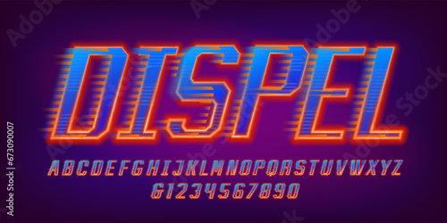 Dispel alphabet font. Shining neon letters and numbers with a wind effect. Abstract polygonal background. Stock vector typeface for your design.