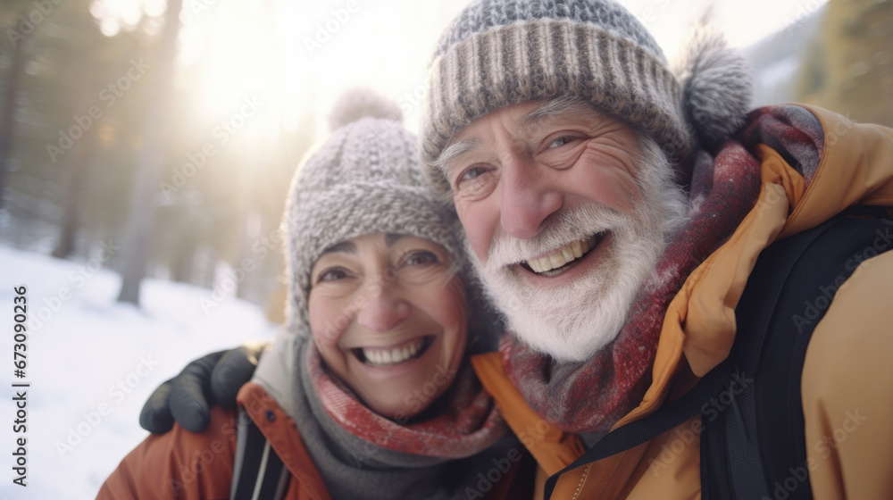 Winter Romance Selfie: Elderly Couple Captures Holiday Adventure and Love.