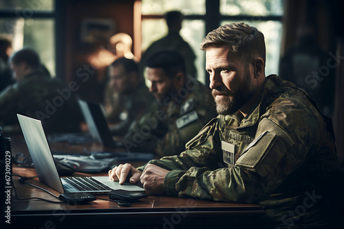 A bearded serious man in a military uniform sits in the headquarters and looks at a laptop. Military meeting photo