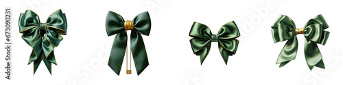 green ribbon bow with gold Hyperrealistic Highly Detailed Isolated On Transparent Background Png File