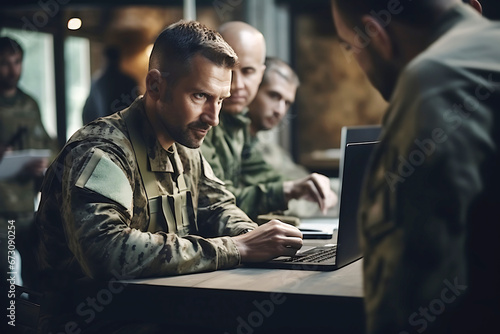 A bearded serious man in a military uniform sits in the headquarters and looks at a laptop. Military meeting photo