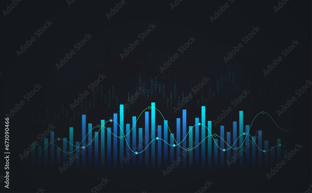 Financial chart with glowing growth chart and stock market candles. Trading investment chart on stock market.