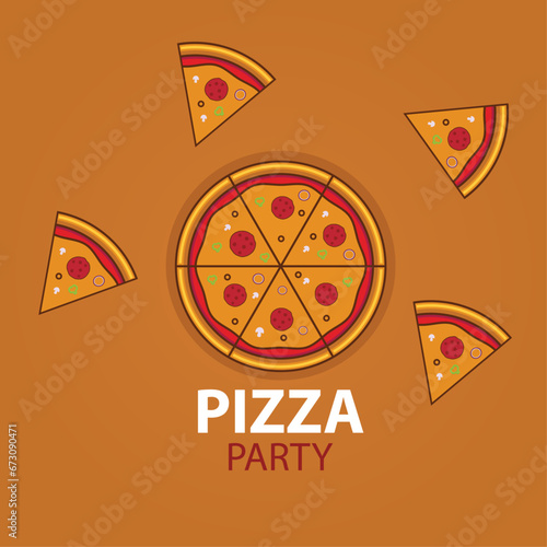 Delicious pizza flat vector illustration with falling pizza slices on orange background, fresh vegetables and cheese pizza, pizza party poster banner.