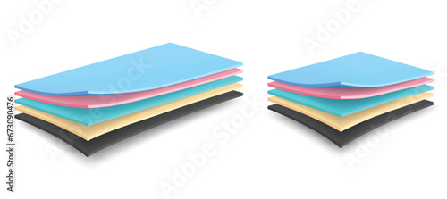 5-layer waterproof material to protect against moisture. Advertising for waterproof fabrics and absorbent linings. Curved simple layers of fabric, foam.