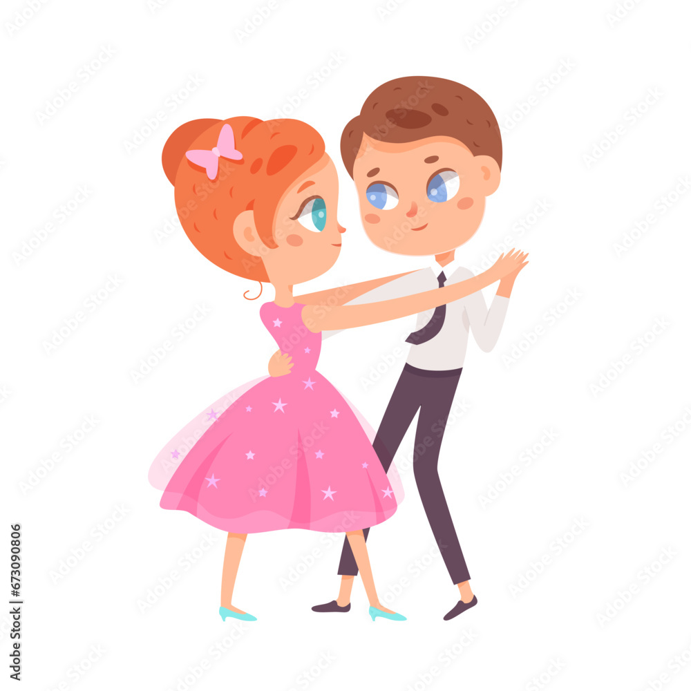 Children dance. Happy boy and girl perform classic pair dance. Little music fans. Cute colorful cartoon kids vector illustration isolated on white background. Happiness, gladness and fun Children dance. Happy boy and girl perform classic pair dance. Little music fans. Cute colorful cartoon kids vector illustration isolated on white background. Happiness, gladness and fun