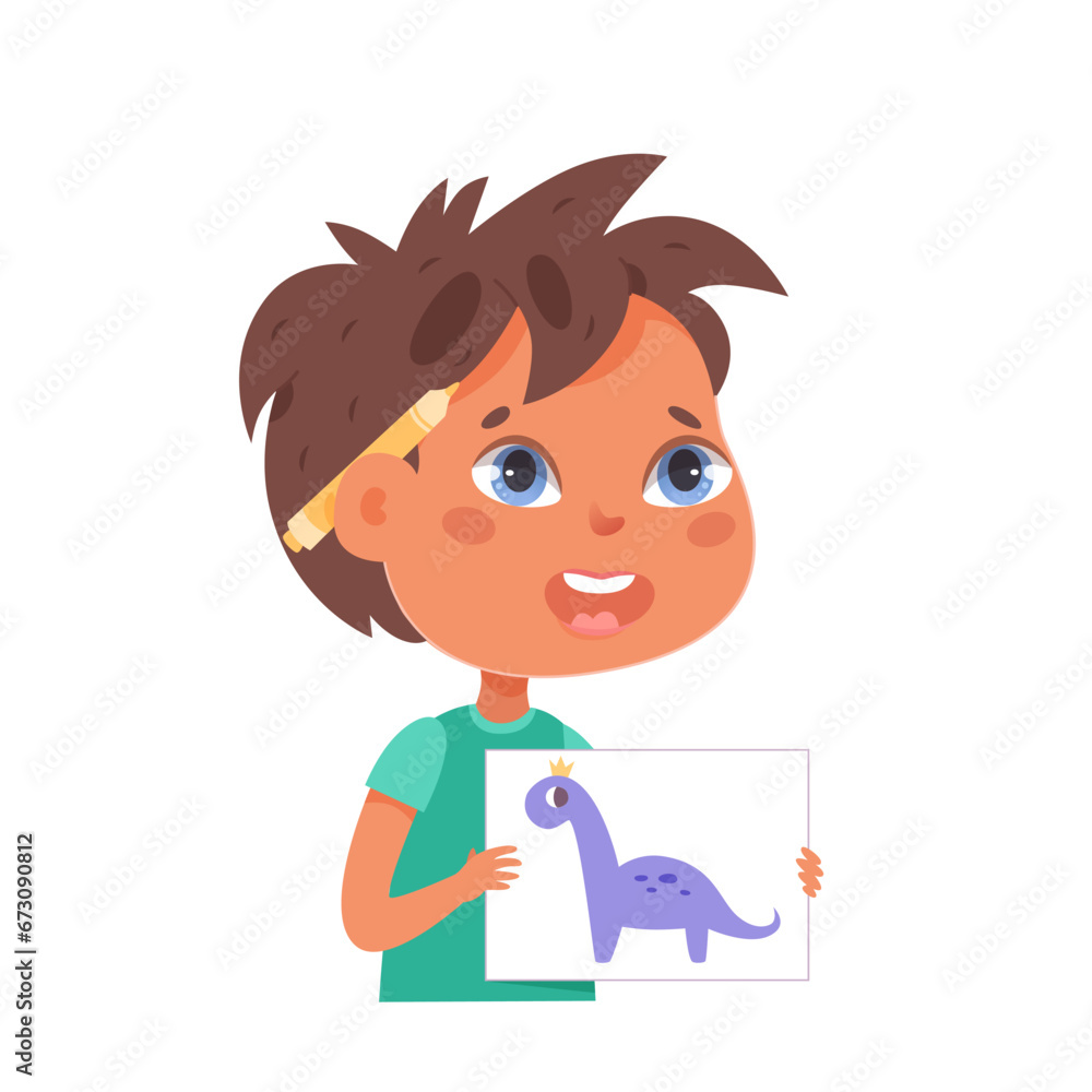 Cute boy with pencil shows picture of dinosaur painting by him at school or home. Young child painter. Children art. Creative kids. Learning, education, playing concept. Cartoon vector illustration Cute boy with pencil shows picture of dinosaur painting by him at school or home. Young child painter. Children art. Creative kids. Learning, education, playing concept. Cartoon vector illustration