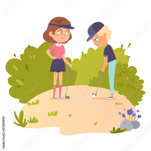 Active golf game of kids vector illustration. Cartoon isolated summer nature landscape scene with playing young golfers, girl and boy holding golf club to hit ball, school children golfing outdoor