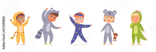 Funny kids party in pajamas kigurumi vector illustration set. Cartoon isolated girls and boys in carnival overalls for sleepover, collection of young characters dancing, holding toys and pillow