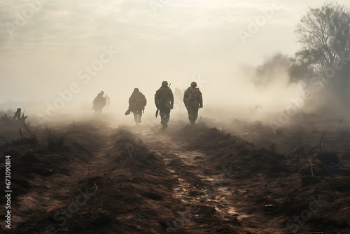A group of soldiers walks along a dirt road with puddles in a large field in cloudy foggy weather