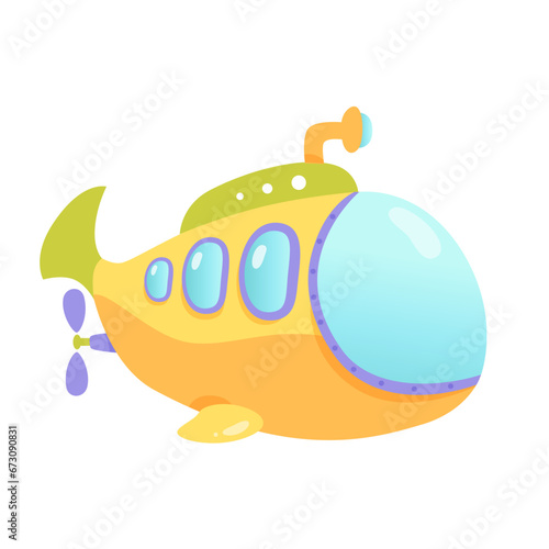 Yellow cartoon submarine vector illustration. Sea kids toy. Cute underwater transport. Colorful bathyscaphe with periscope and porthole isolated on white background. Kindergarten. Happy childhood