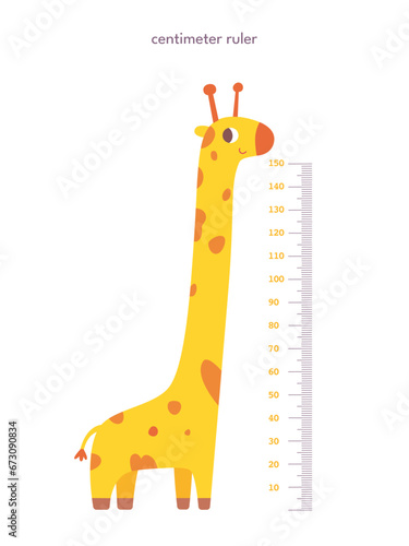 Kids height ruler in centimeters with giraffe for growth measure. Cute cartoon cheerful tall animal vector illustration isolated on white background. Children wall sticker for kindergarten or home