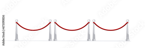 Museum fence with red rope and silver poles vector illustration isolated on white background. Luxury vip entrance, protect zone, security control