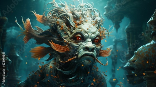 AI generated illustration of a large, mysterious creature with a fish head in a body of water