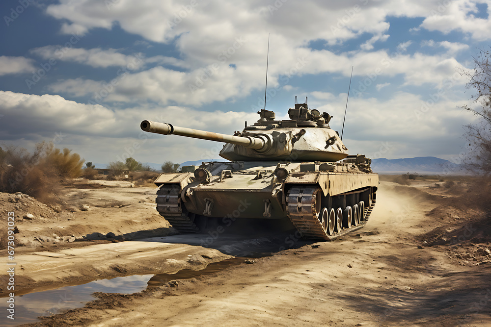 An armored tank drives along a dusty road in the middle of a field. Military conflict An armored tank drives along a dusty road in the middle of a field. Military conflict