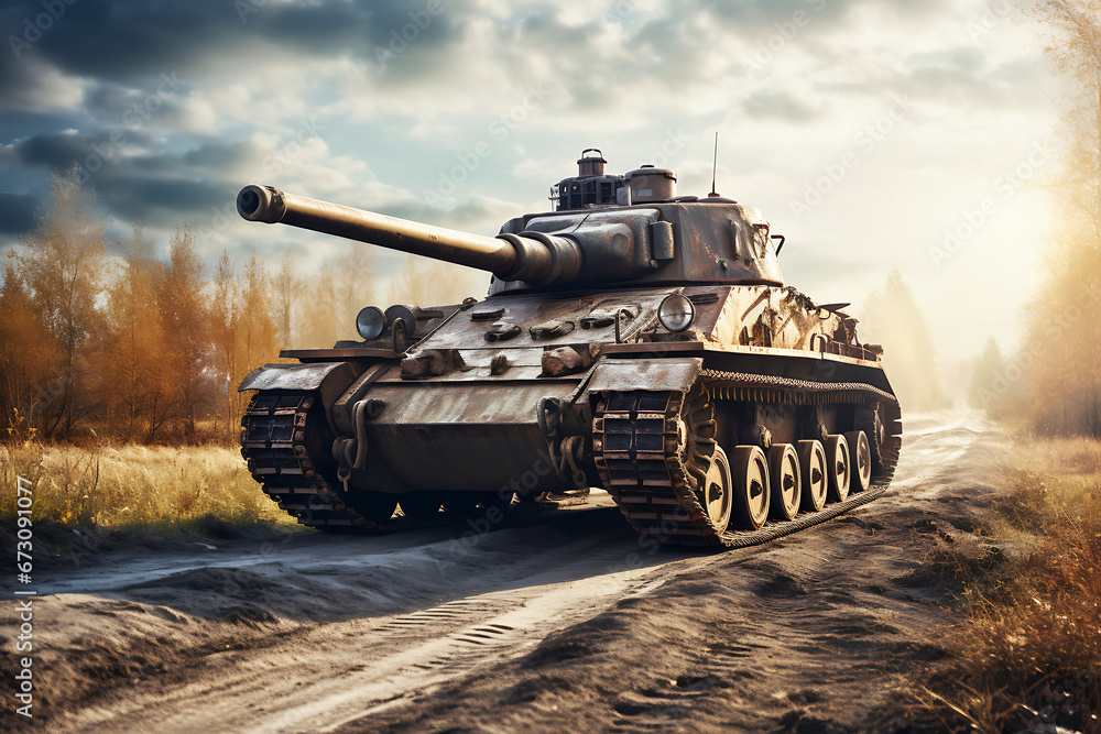 An armored tank drives along a dusty road in the middle of a field. Military conflict An armored tank drives along a dusty road in the middle of a field. Military conflict
