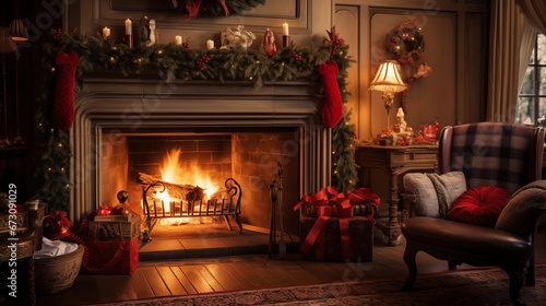 A cozy living room with a roaring fireplace and stockings hung by the chimney